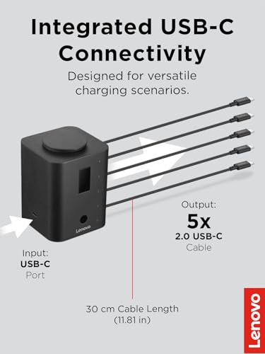 Lenovo Smart Charger, Designed for Chromebooks, Charge 5 laptops at Once and Monitor Their Battery Levels, Integrated 30cm USB-C Cables