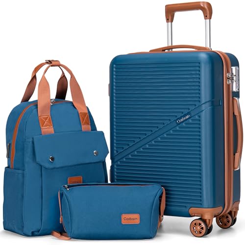 Cosbarn Carry On Luggage,3 Piece Suitcase Set,22x14x9 Airline Approved | Lightweight ABS Hardside Luggage, TSA-Approved Lock,Suitcases with 360° Spinner Wheels,20Inch,Matching Backpack,For Men&Women - color: Navy, style: Carry on Luggage With Backpack