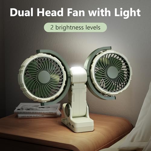 Dual Head Clip on Fan Battery Powered with Light,Portable USB Rechargeable Powerful Desk Table Fans,360°Rotatable Cooling Clamp Fans for Stroller,Car,Golf Cart,Treadmill,Outdoor Camping(Light Green) - color: Green