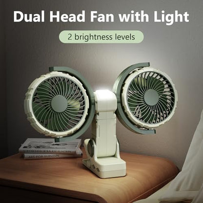 Dual Head Clip on Fan Battery Powered with Light,Portable USB Rechargeable Powerful Desk Table Fans,360°Rotatable Cooling Clamp Fans for Stroller,Car,Golf Cart,Treadmill,Outdoor Camping(Light Green) - color: Green