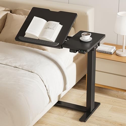 BIZUM Small Electric Standing Desk, Overbed Table Wireless Tilt Top with Hidden Wheels, 27.6×15.8 Inch Adjustable Rolling Laptop Desk, USB-C Rechargeable Battery, Black - color: Black