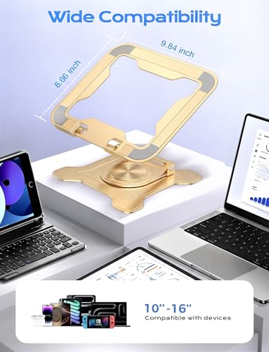 JCZT 360° Rotating Laptop Stand for Desk, Metal Foldable Laptop Riser Gold | Ergonomic Portable Adjustable Laptop Stand, Ventilated Cooling Notebook Holder for MacBook Air Pro, All 10-16'' Laptops - color: Gold