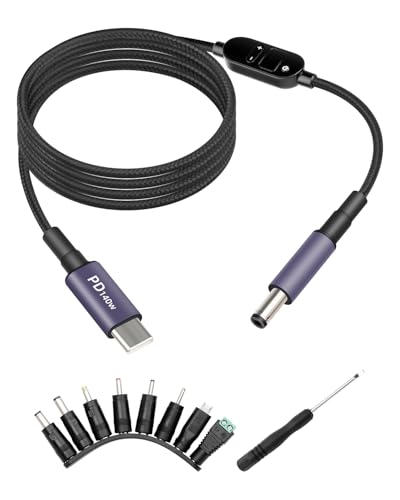 140W USB-C to DC Adjustable Adapter, Barrel PD Trigger Cable | with 8 Connector Tips,USB C to DC Switch 5V 9V 12V 15V 20V 28V Support PD3.1 Fast Charging Smart Voltage Display (1.5M)