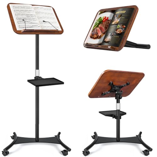 2 in 1 Dual-use Music Stand & Desktop Book Stand, Adjustable Height 16.5"-51", 100% Solid Wood Laptop Floor Stand Book Holder with Elastic Page Clips for Cookbooks (Black Walnut with Tray and Wheels) - color: Black Walnut With Tray and Wheels