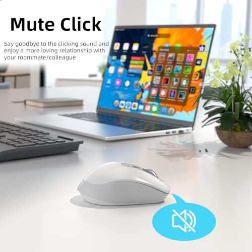INFINMIND Wireless Bluetooth Mouse, Multi Device (BT1/BT2 + 2.4G USB) Mouse for Laptop, iPad & Mac, 4-Way Scroll with Side Buttons, Silent Click Ergonomic Offce Mouse, Adjustable DPI (White - color: White