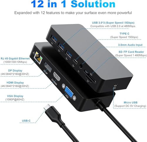 Surface Thunderbolt 4 Docking Station, Triple Display via HDMI, VGA & DP with Power Adapter, Surface Dock Compatible with Surface Pro 12/11/10/9/8/X/7 & Surface Laptop 5/4/3, Surface Go, Studio