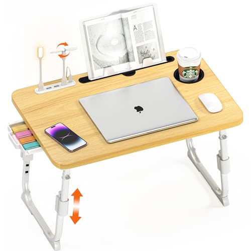 Lap Desk for Bed, Adjustable Laptop Desk with USB Charging Port, Storage Drawer & Bookshelf — Foldable Bed Desk for WFH & Students, 23.6" Desktop Fits 22" Laptop, Non-Slip, Wood - color: Wood