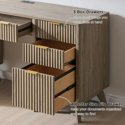 T4TREAM Fluted Executive Desk with Drawers, 60" Modern Home Office Computer Desk with Charging Station, File Cabinet, Keyboard Tray and Storage Cabinet for Study, Living Room, Bedroom, Alder Grey - color: Alder Grey