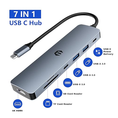 USB C Hub Multiport Adapter, 7 in 1 USB C Docking Station with HDMI, 100W PD Charger, 2 USB 3.0, USB C 3.0, SD/TF Card Reader for Chromebook Pixel, Dell XPS 13