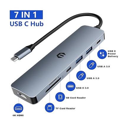 USB C Hub Multiport Adapter, 7 in 1 USB C Docking Station with HDMI, 100W PD Charger, 2 USB 3.0, USB C 3.0, SD/TF Card Reader for Chromebook Pixel, Dell XPS 13