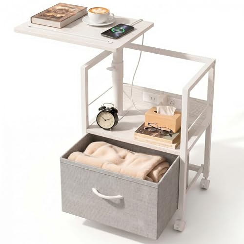 Faesun Swivel Lift Top Nightstand with Charging Station, Rolling Side Table for Recliner, Bedside Table with Wheels & a Fabric Drawer, for Small Spaces, for Bedroom, Living Room, White Gray - color: 08 - White Gray, size: 1 Drawer