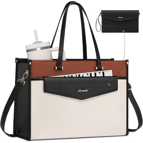 LOVEVOOK Laptop Tote Bag Women 2-in-1 Work Purse Computer Briefcase Handbag | Envelope Wristlet Clutch, Professional Work Bag for Business Office Teacher College Commute, Large PU Leather Messenger Bag - color: Black White Brown, size: 15.6 inch