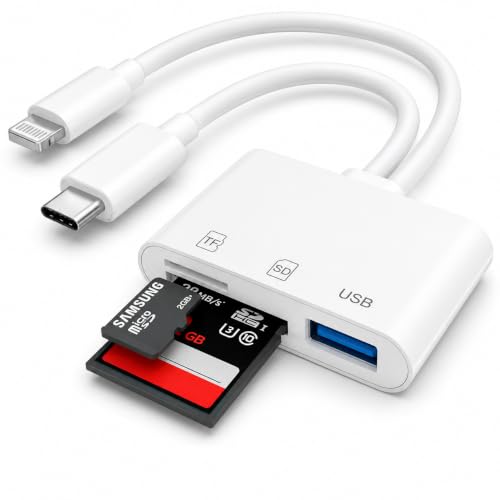 SD Card Reader for iPhone and iPad, USB C & Lightning Dual Slot Adapter | USB 3.0 SD/TF Card Reader for Fast Photo and Video Transfer from Cameras; No App Required, Compact Plug-and-Play Design. - color: white