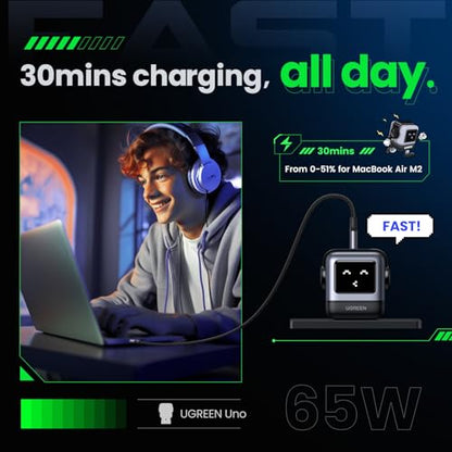 UGREEN Uno 65W USB C Charger Block, Nexode 3-Port GaN Fast Charger with Screen, Fun Robot Gifts for Men Women, Compatible with iPhone 17, MacBook Pro/Air/Neo, XPS, Galaxy S26, Steam Deck, Black - color: Black