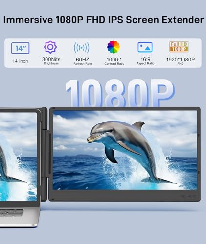 Laptop Screen Extender, 14" FHD 1080P IPS Portable Monitor for 13" - 17" Laptops, Plug & Play Screen Extender, Auto Adjust Width Dual Monitor, Compatible with Mac/Wins/Dex/Chrome | Lightweight Portable Monitor, Plug & Play, Auto Adjust Width Dual Monitor,