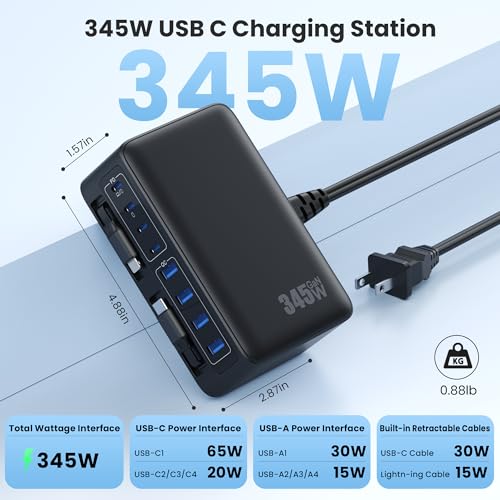 345W USB C Charger 10 in 1 Retractable Wall Charger with 2 Cables,GaN 6 USB C Charging Station Phone Charging PD Laptop Charger Adapter for MacBook Pro/Air,DELL,iPhone17/16/15,Galaxy S24,Android etc - color: Black, size: 345W