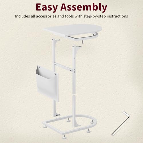 C Shaped End Table, Small Side Table for Couch, C Table that Slides Under Sofa with Storage Bag, TV Tray Table for Recliner, Living Room, Bedside, Bedroom, Small Spaces, White - color: Classic White