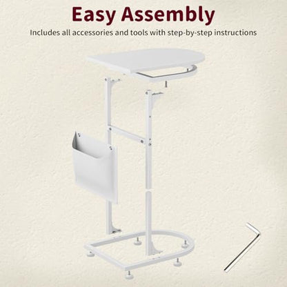 C Shaped End Table, Small Side Table for Couch, C Table that Slides Under Sofa with Storage Bag, TV Tray Table for Recliner, Living Room, Bedside, Bedroom, Small Spaces, White - color: Classic White