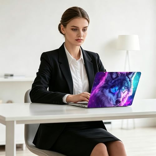 Universal Laptop Skin Decal, 3-Piece Vinyl Protector for 12 13 14 15.6" Notebook, Waterproof Anti-Scratch, Easy Trim & Bubble-Free Finish, Purpl Wolf with Blue Eyes - color: Purpl Wolf with Blue Eyes