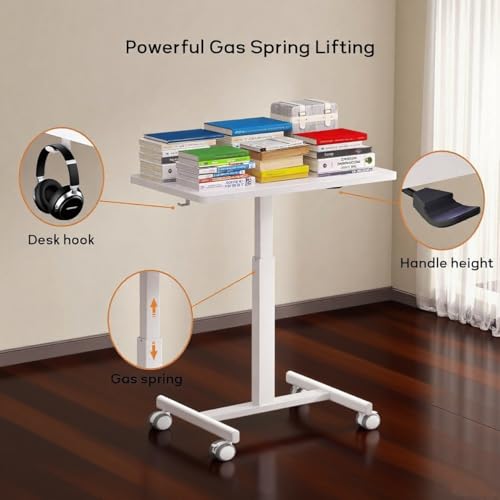 Mobile Small Standing Desk,Gas Spring Adjustable Height Rolling Portable Laptop Desk with Lockable Wheels, Computer Workstation for Home Office, White - color: White