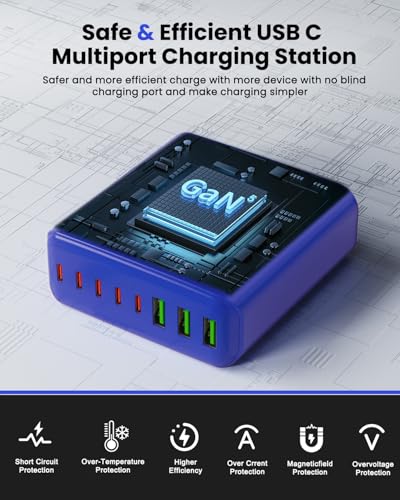 500W USB C Charger Block, 8-Port USB C Charging Station Fast Charging PD 120W PC Laptop Charger Adapter Compatible with MacBook Pro/Air/All iPad,DELL, iPhone 16/15/14/13/Pro Max/Galaxy - color: BLUE