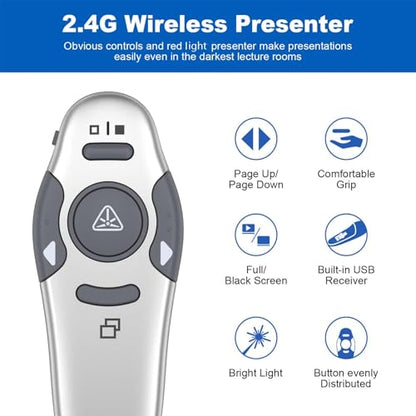 QUI Presentation Clicker Wireless Presenter Remote, Silver, A | Clicker for PowerPoint Presentation Remote, PowerPoint Slide Advancer for Mac/Windows/Google Slide/Keynote - color: Silver