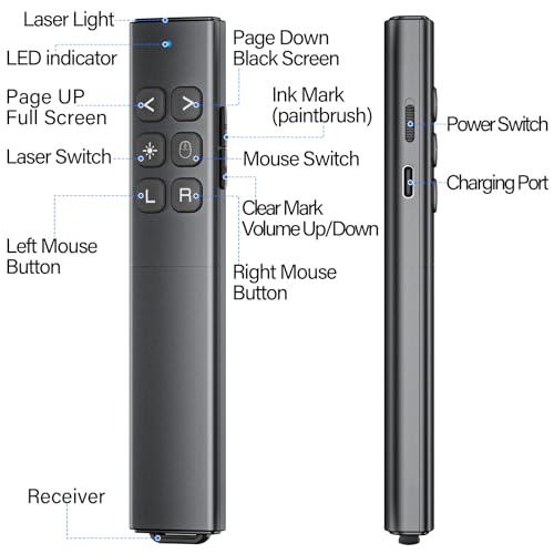 Presentation Clicker with Air Mouse - USB C Wireless Presenter Remote Clicker with Pointer, RF 2.4GHz PowerPoint Clicker for Presentation - color: Black