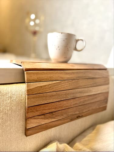 Vesta Homes Sofa Armrest Tray |Premium Acacia Wood | Flexible and Foldable Sofa Tray, Couch Arm Table and Armrest |Suitable for Food/Drinks/Snacks/Cup Coaster | 17 * 11 Inches | Handcrafted in India - style: Sofa Arm Tray