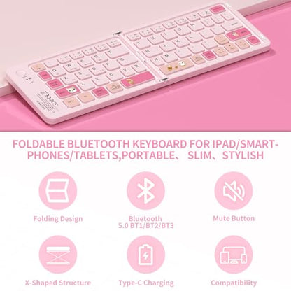 Foldable Bluetooth Keyboard with UV Printing Technology Rechargeable Keyboards,Compact Wireless Travel Keyboards for iPad, Smartphone, Tablet and Laptop - Z1 Pink Colorful - color: Z1 Pink Colorful