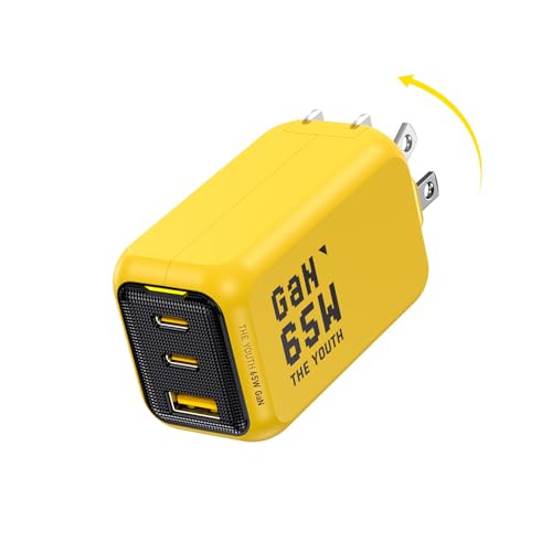 AOHI Youth 65W GaN+ USB C Charger Block, 3-Port PPS Type C Compact Foldable Laptop Fast Wall Charger for MacBook Pro/Air, iPad Pro, iPhone 17/16 Pro Max, Galaxy S24, Pixel, Steam Deck and More, Yellow