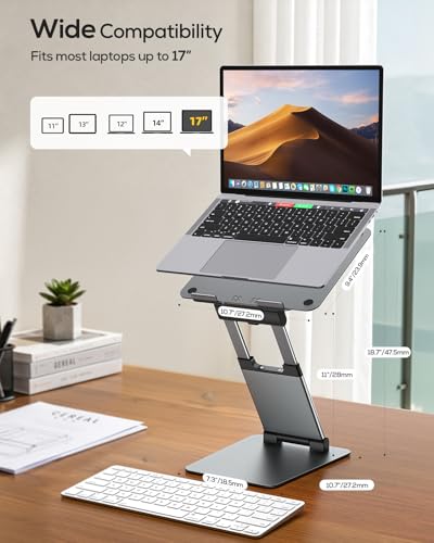 Nulaxy Pull-Out Height Adjustable Laptop Stand for Desk, 22 LB Support | Full Aluminum Standing Desk Holder, Vented Panel, Dual Foldable Design, Compatible with 10-17 Inch Laptops, Office Essentials - color: A-Gray