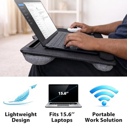 Cyberguys Comfort Lap Desk for Laptop up to 15.6 in – Black Carbon Fiber Overlay Surface with Mouse Pad, Phone & Tablet Slot, Dual Cushion Base, Wrist Rest & Carry Handle for Bed Desk Couch Sofa - color: Black With Carbon Fiber Overlay