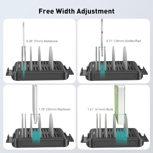Vertical Laptop Stand Holder & Desk Organizer Rack - Adjustable Dock for MacBook, iPad, Phone (6-in-1 Multi Device Storage System with 360° Rotation) - color: Black