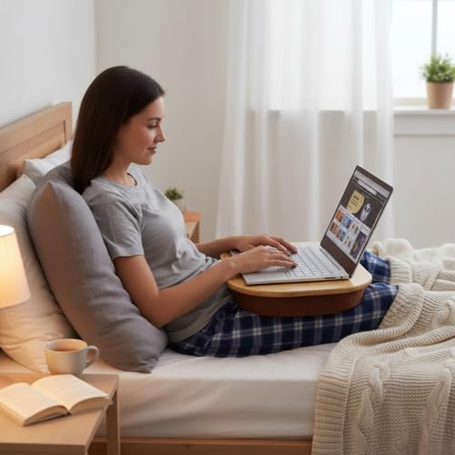 Bamboo Lap Desk for Laptop with Cushion-Fits up to 15 inch | Computer Laptop Stand with Phone Hoder Anti-Slip Stopper - size: 15"x11"