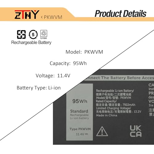 ZTHY PKWVM Laptop Battery for Dell Precision 7550 7560 7750 7760 Series | P44E P93F P44E001 P44E002 P93F001 P93F002 C903V 17C06 0CR72X 0447VR 068N03 453-BBCQ Battery Replacement 11.4V 6-Cell 95Wh - size: 11.22*3.43*0.39 inch PKWVM