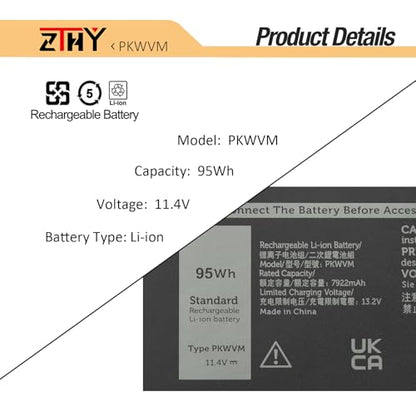 ZTHY PKWVM Laptop Battery for Dell Precision 7550 7560 7750 7760 Series | P44E P93F P44E001 P44E002 P93F001 P93F002 C903V 17C06 0CR72X 0447VR 068N03 453-BBCQ Battery Replacement 11.4V 6-Cell 95Wh - size: 11.22*3.43*0.39 inch PKWVM