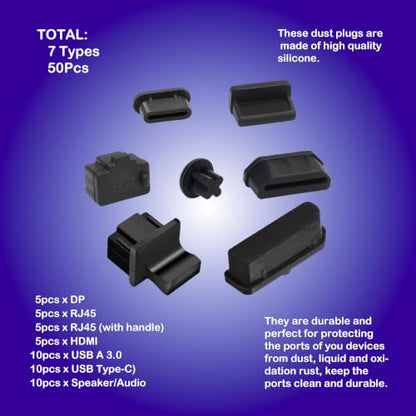 50PCS Silicone Anti Dust Plugs Cover Kit for Computer Laptops Rj45 USB C/A Ethernet Hub HDMI DP Headphones Audio Devices Electronics Ports - size: 7Sizes