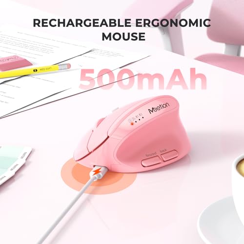 MEETION Ergonomic Vertical Mouse, Wireless Bluetooth Mouse - Pink | Rechargeable mouse with dual Bluetooth 5.2 and USB, 4 DPI levels (800–2400), compatible with Windows, Mac, PC and iPad - color: Right Pink