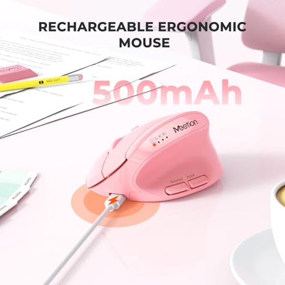 MEETION Ergonomic Vertical Mouse, Wireless Bluetooth Mouse - Pink | Rechargeable mouse with dual Bluetooth 5.2 and USB, 4 DPI levels (800–2400), compatible with Windows, Mac, PC and iPad - color: Right Pink