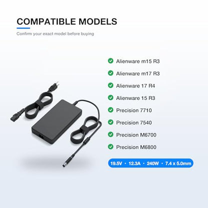 240W Laptop Charger for Dell Alienware, 7.4mm Round Tip, 19.5V 12.3A
