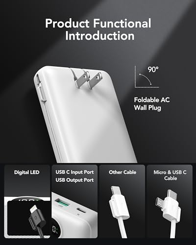 VRURC Power Bank 20000mAh, Fast Charging Portable Charger USB C,4 Output 2 Input Travel Essentials Charging Bank Equipped with LED Display,Built-in Wall Plug and Cables,Phone Charger Battery,White - color: White
