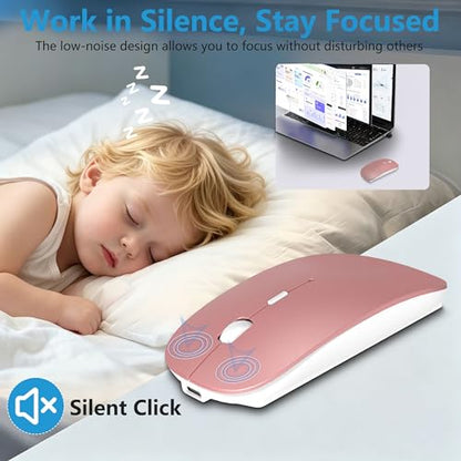 Silent Bluetooth Wireless Mouse with Jiggler, Rechargeable Portable Mouse for MacBook, iPad, Laptop & PC, Dual Mode BT5.2 and 2.4G, USB-C/USB-A Receiver, Adjustable DPI Compact Travel Mouse -Rose Gold - color: Rose Gold