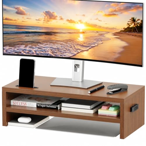 BONTEC Wood Monitor Stand Riser, 2-Tier Desktop Organizer | Ergonomic Computer Stand for Desk, Cable Management, Cellphone Holder, 21.3 Inch Shelf, Walnut - color: Walnut, size: 21.3 Inch