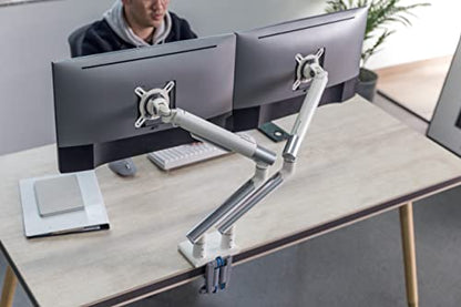 POUT E12 Dual Monitor Arm Mount Stand – Adjustable Full Motion Desk Mount for 17’’-32’’ Screens, Supports 4-22lbs per Arm, VESA 75x75mm & 100x100mm (White/Silver) - color: White/Silver/Daul