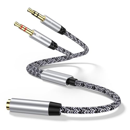 ABCPOW Headset Splitter Cable for PC 3.5mm Jack Headphone Splitte AUX Audio Adapter Microphone Splitter 3.5mm Female to 2 Dual 3.5mm Male for Computer Simultaneously Y Splitter Gaming Speakers for PC - color: Silver