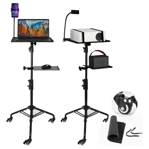 Projector Stand Tripod - 28.7 -54.3 Inch Adjustable Laptop Tripod Stand with Wheels - Dual Tray Portable Laptop Stand with Phone Holder for Office, Home, Stage, DJ Equipment & Outdoor Movies