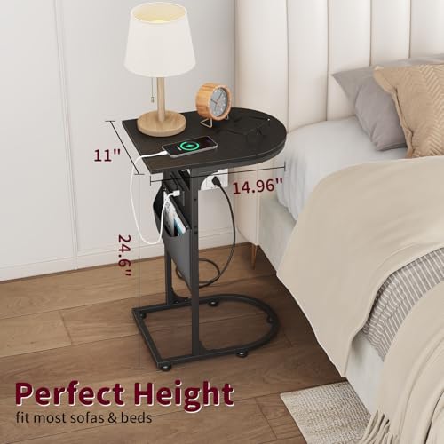C Shaped End Table with Charging Station, Small Side Table for Couch, C Table Slides Under Sofa with Storage Bag, TV Tray Table for Recliner, Living Room, Bedside, Bedroom, Small Spaces, Black - color: Charging Station Black