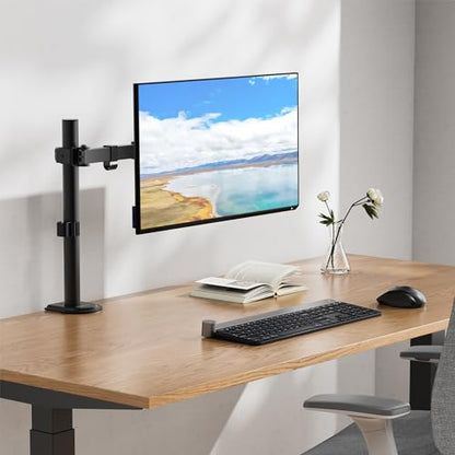 Mount-It! Single Monitor Arm Desk Stand, 19-32" Screens | Full motion height-adjustable tilt arm, VESA 75/100 compatible, C-clamp and grommet base.
