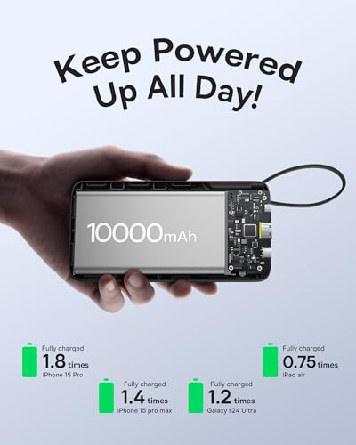 Baseus Portable Charger, 10000mAh Fast Charging Power Bank, 22.5W PD3.0 QC3.0 Battery Pack Built-in USB C Braided Cable, Travel Essentials for iPhone 17 16 15, iPad, S25/S24, Indoor/Outdoor, Travel