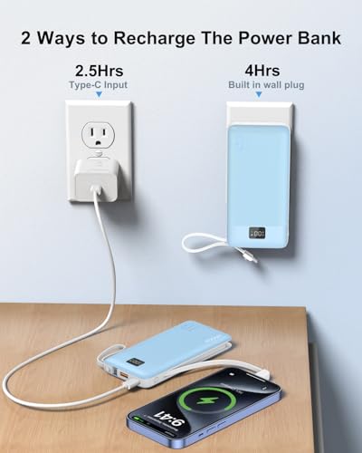 Portable Charger 10000mAh Power Bank w/Built-in 3 Cables & AC Wall Plug | 22.5W Fast Charging, Pass Through Charging, 0.68in Ultra Slim, TSA Approved, Travel Essential for iPhone/Samsung/iPad, Blue - color: Blue